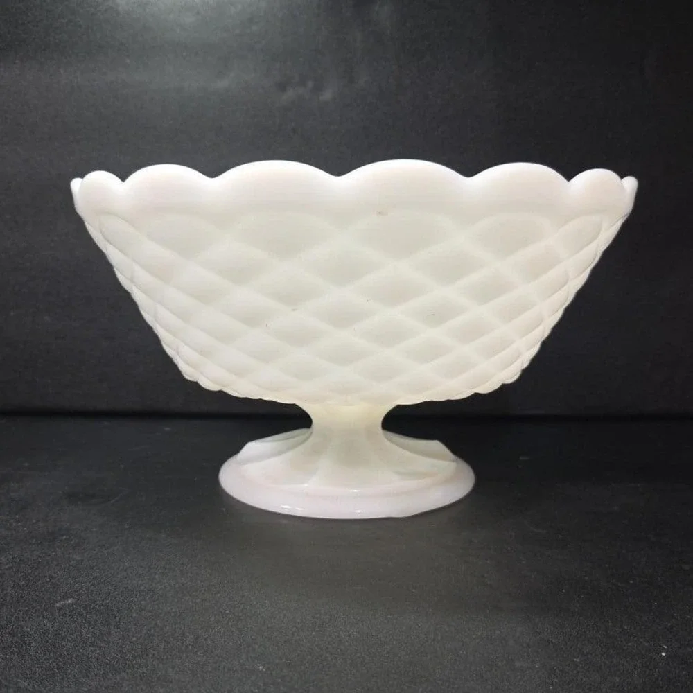 Milk Glass Diamond Quilt Footed Fruit Bowl, Vintage White Pedestal Compote